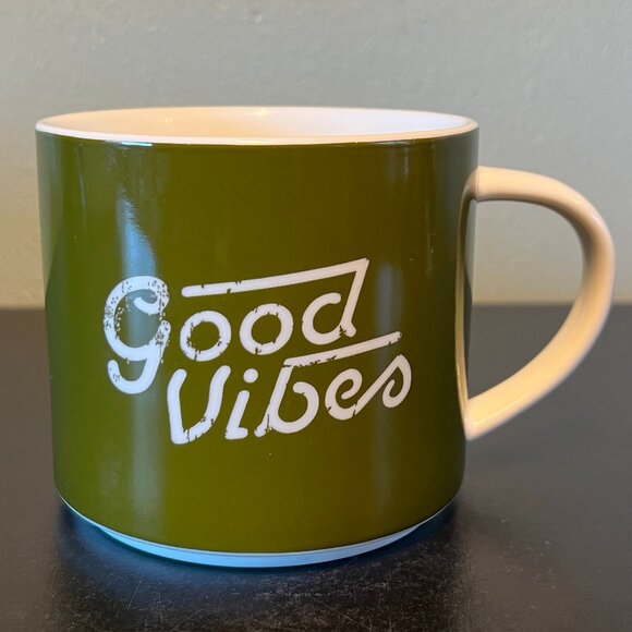 Room Essentials GOOD VIBES Green Porcelain Wide Mouth Mug Cup - Picture 1 of 7